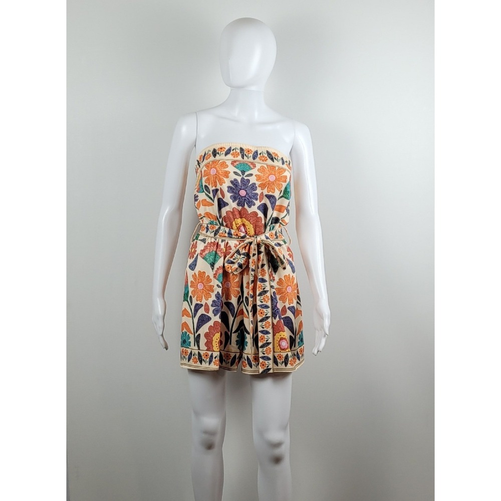 Shein Floral Strapless Romper Womens Large Cream Orange Excellent Belted Tube - Picture 2 of 10